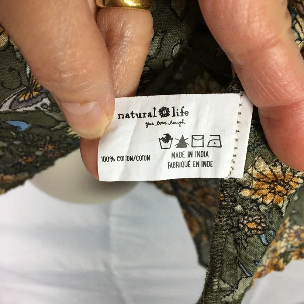 Natural Life Sunflower Butterfly Cotton Tunic Top L/XL Olive Green Boho Frayed